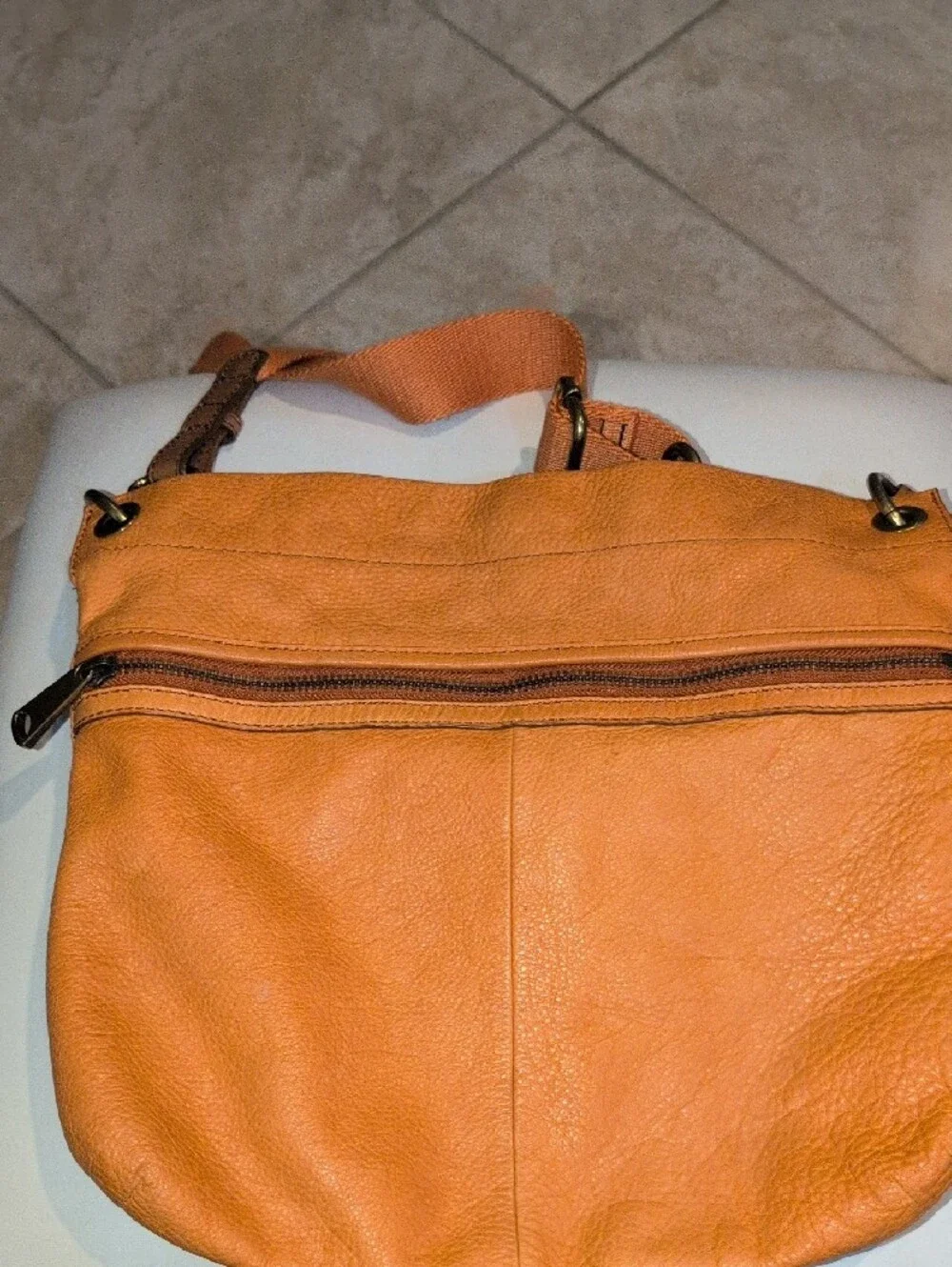 Fossil Explorer Orange Leather Foldover Convertible Crossbody Tote - Picture 7 of 16